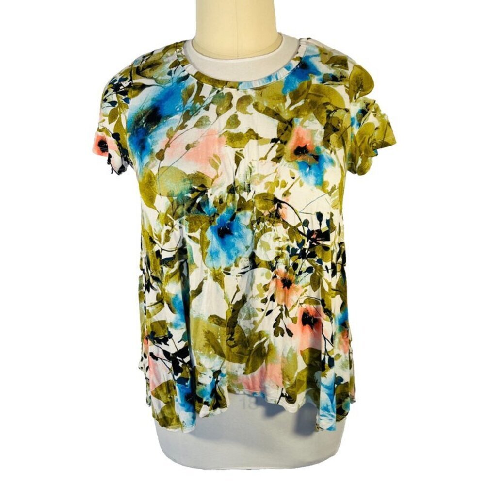 St. Tropez West - Womens 1X Short Sleeve Tunic Top Floral Sharkbite Hem